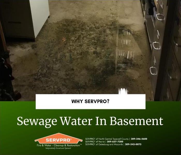 Sewage water backup into basement - cement floor with a large puddle of dark water on it.