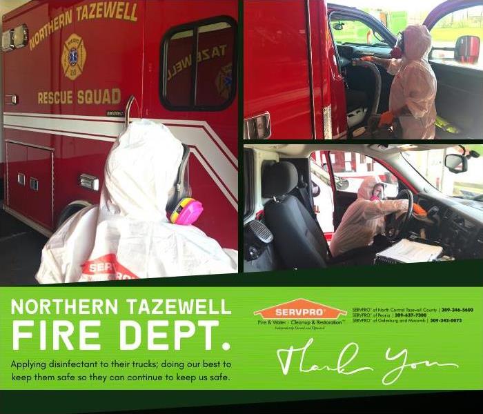 Images of our team fogging the trucks at a fire department (collage).