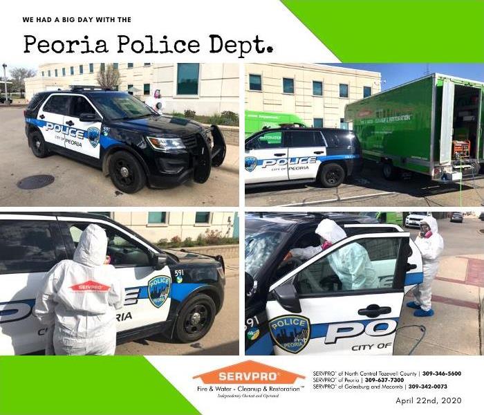 Images of our team helping to apply disinfectant to the Peoria Police Department Vehicles.