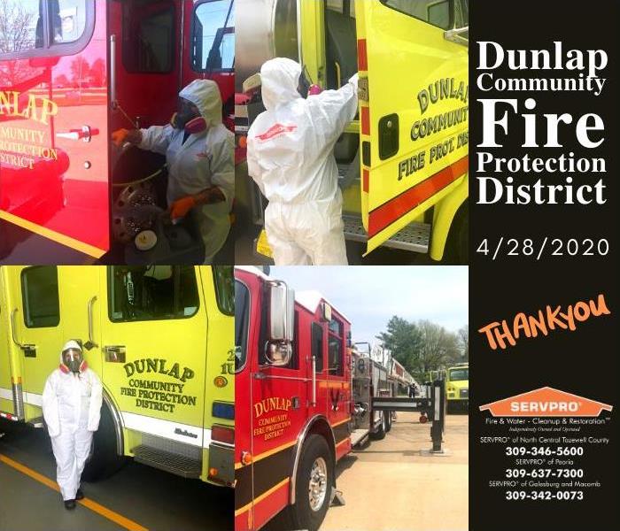 Images of our team helping to apply disinfectant to the fire trucks.